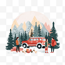 冬天带雪的树图片_一辆汽车一位妈妈和女儿们在森林