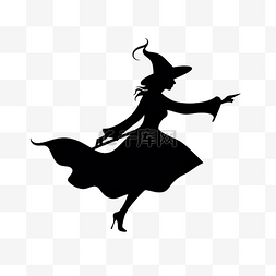 服裝剪影图片_戴帽子的女巫骑着扫帚飞翔黑色剪