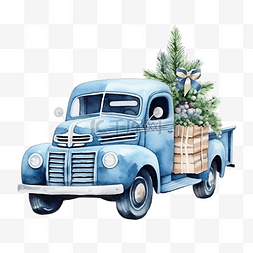 海报圣诞节蓝色图片_有松树和礼品盒的水彩蓝色圣诞卡