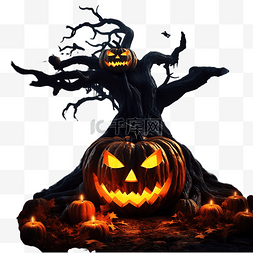 南瓜灯笼恐怖元素图片_夜晚黑暗中一棵老树上的怪异万圣