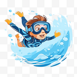 孩子游泳水图片_穿着脚蹼和面具的孩子跳进水中，