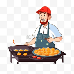 商人厨师摊位煮煎鸡蛋鸡肉出售