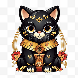 传统日式图片_仿古风格日式招财猫黑猫插画
