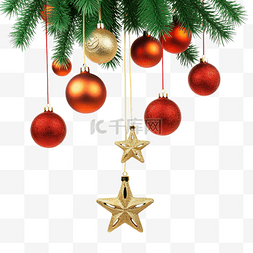 亮闪闪的图片_圣诞球和孤立的枞树上的装饰星星