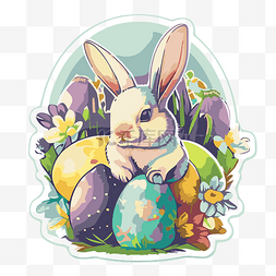 复活节彩蛋素材图片_灰色背景贴纸剪贴画上的复活节兔