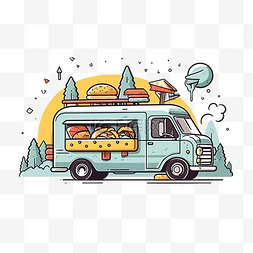 芝士食物图片_食品卡车和汉堡包插画以简约风格