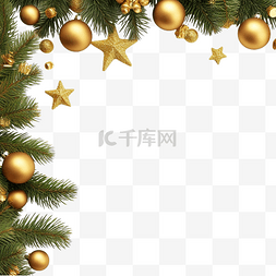 星星形边框图片_冷杉树枝和金色圣诞球和星星的边