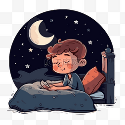 晚安剪贴画男孩睡在月光下看书卡