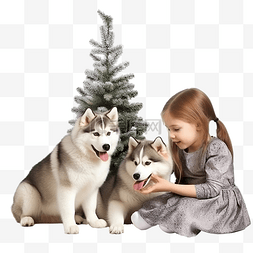 小女孩在玩耍图片_小女孩在圣诞树附近和哈士奇小狗