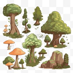 不同卡通树的森林剪贴画组 向量