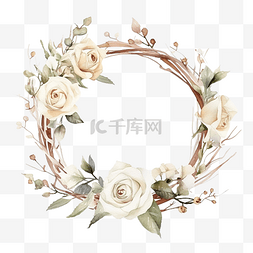 花束优雅图片_干树枝花圈框架上的水彩白玫瑰花