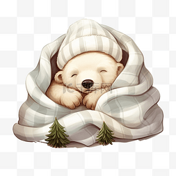 一只可爱的北极熊睡在温暖的毯子