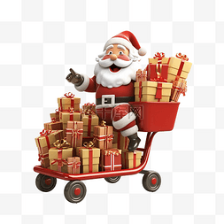 圣诞老人在手推车上滑动的 3D 渲