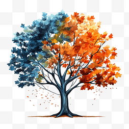 抽象大树图片_有蓝色和橙色叶子的大树