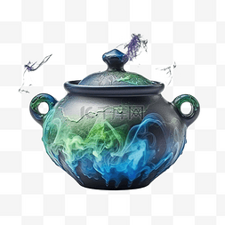 万圣节神秘女巫壶，蓝色和绿色烟