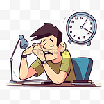 拖延剪贴画卡通男人坐在办公桌前，脸上挂着时钟 向量