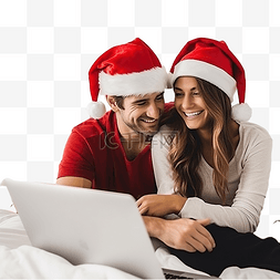 圣诞老人躺着图片_一对戴着圣诞老人帽子的年轻夫妇