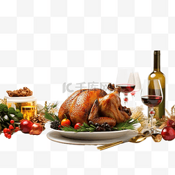 圣诞餐桌上有烤火鸡或鸡肉