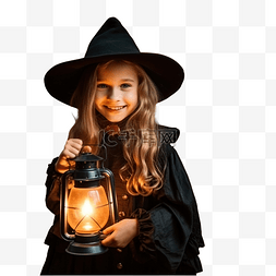 森林之秋图片_森林里戴着女巫帽手里拿着灯笼的