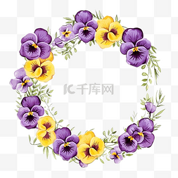 紫色三色堇花图片_圆形框架与三色堇花花环中提琴黄