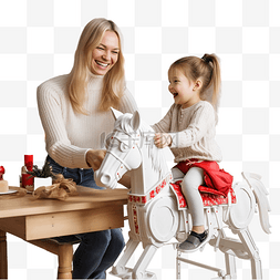 玩具马的女孩和她的母亲在家里的