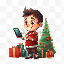 圣诞手机图片_漂亮的男孩用智能手机在网上做圣