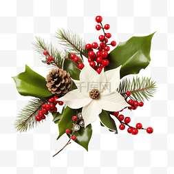 冬装饰图片_带有槲寄生树枝和圣诞花的圣诞树