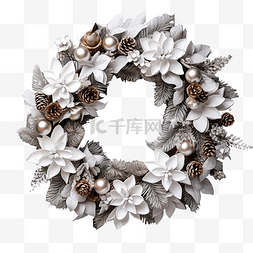 饰品花环图片_木墙上白色风格的圣诞花环装饰