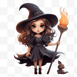 女巫拿着魔法扫帚为万圣节插画
