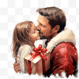 父亲在给小女儿送圣诞礼物后亲吻