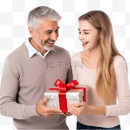 美丽的女儿在圣诞节给父母送礼物