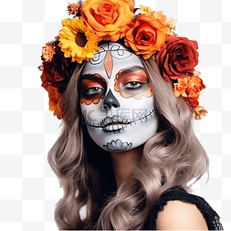 骷髅化妆图片_戴着花冠的女孩和万圣节派对的死