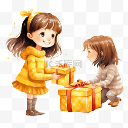 送禮图片_快乐的女孩收到黄色朋友送的圣诞