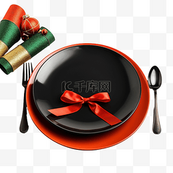 叉子盘子刀图片_黑色盘子和带有绿色圣诞装饰的老