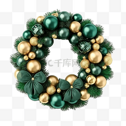 绿色圣诞装饰图片_圣诞花环装饰绿色松叶与金球