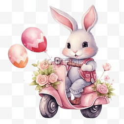 可爱的卡通兔子骑着摩托车，上面