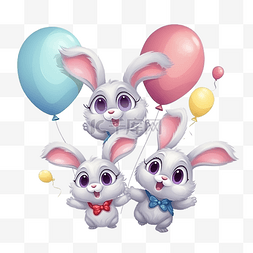 兔子角色在三个气球上飞翔和大笑