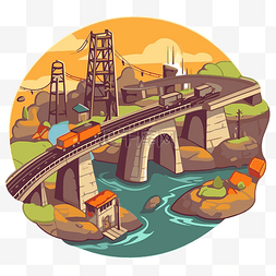 卡通火车和铁路图片_卡通火车插图与铁路和桥梁剪贴画