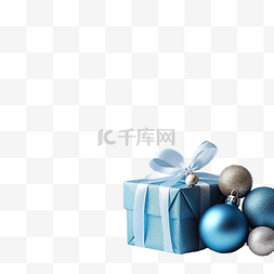 庆典桌子图片_蓝色礼盒，蓝色桌子上有圣诞球