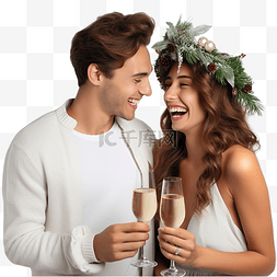 喝饮料的情侣图片_美丽的情侣在圣诞花环下喝着香槟