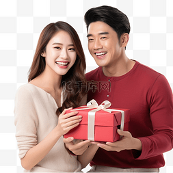 打开着的礼物盒图片_快乐的亚洲夫妇一起拿着打开的圣