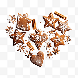 星星形状食物图片_心形和星形圣诞姜饼，配肉桂和香