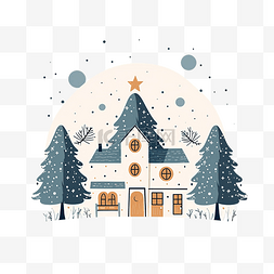 圣诞树夜晚图片_简约风格的房子和圣诞树插图