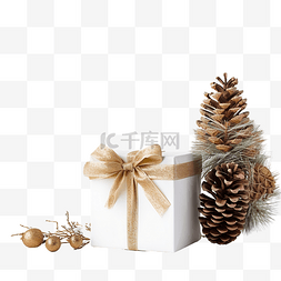 复古表面图片_礼品盒，配有金丝带弓和树枝圣诞