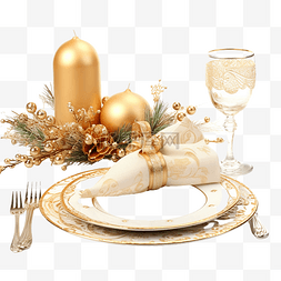 圣诞餐桌布置为金色，配有圣诞装