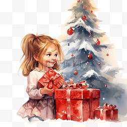 快乐的小女孩看着后面圣诞树旁的