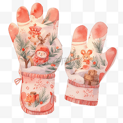 水彩红色冬季手套