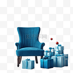 砖墙上蓝色椅子上的圣诞礼物