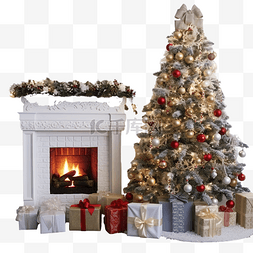 客厅白色图片_烟囱和装饰有礼物的圣诞树的图像