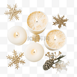 香薰蜡烛和金色雪花圣诞装饰品的